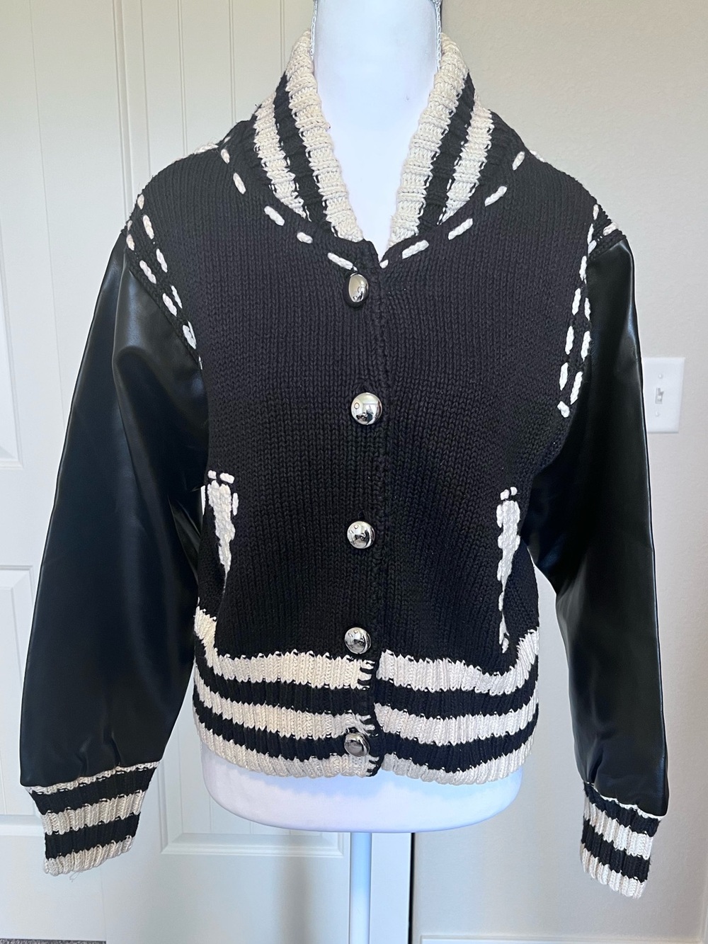 Vintage Michael Simon Sweater Varsity Bomber Jacket Faux Leather Sz Small